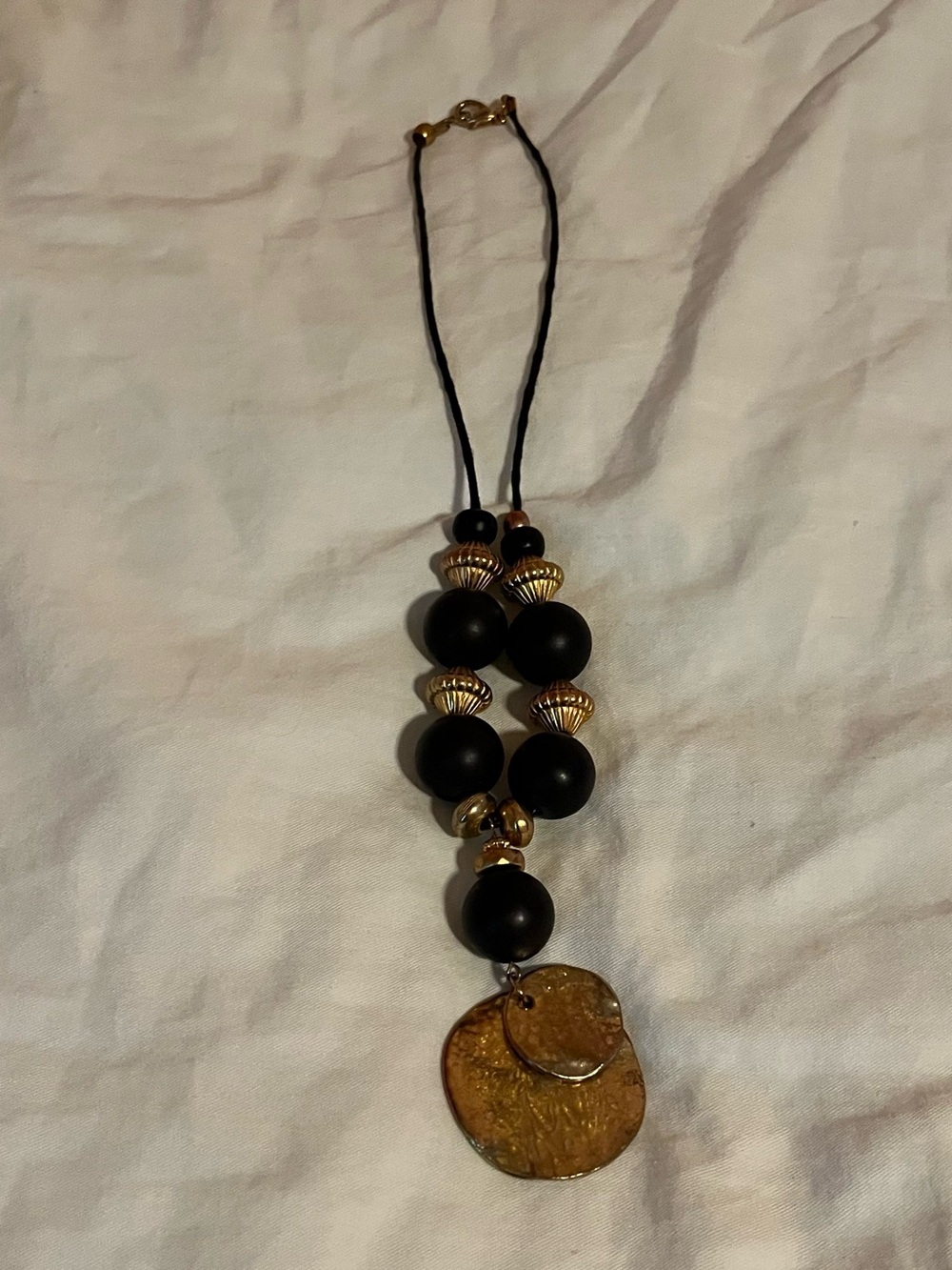 Hammered Metal Gold/Copper and Black Beaded Pendant Necklace - Women Jewelry